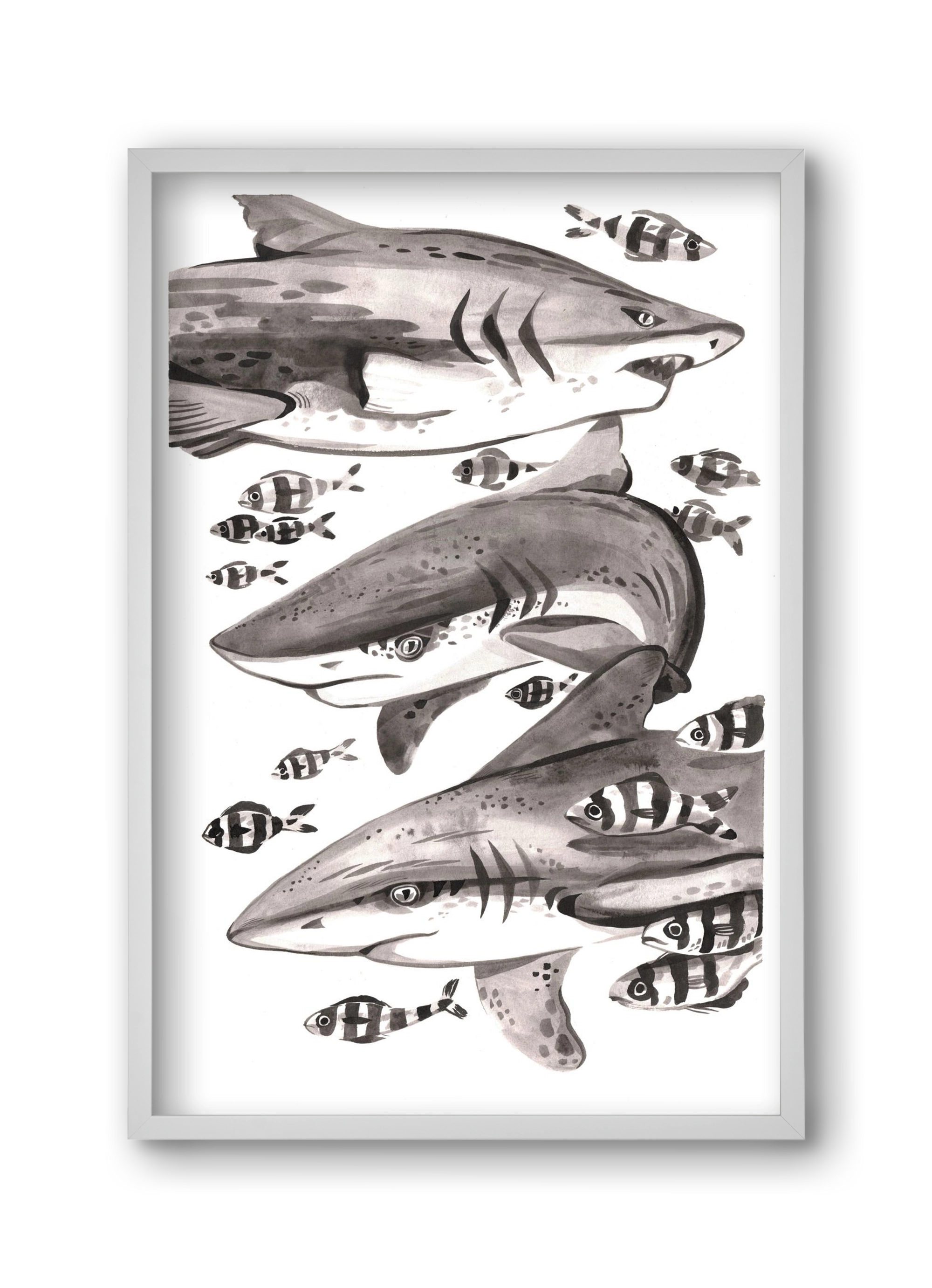 Cápák, 30x45 cm (30x45 cm), Fehér keret