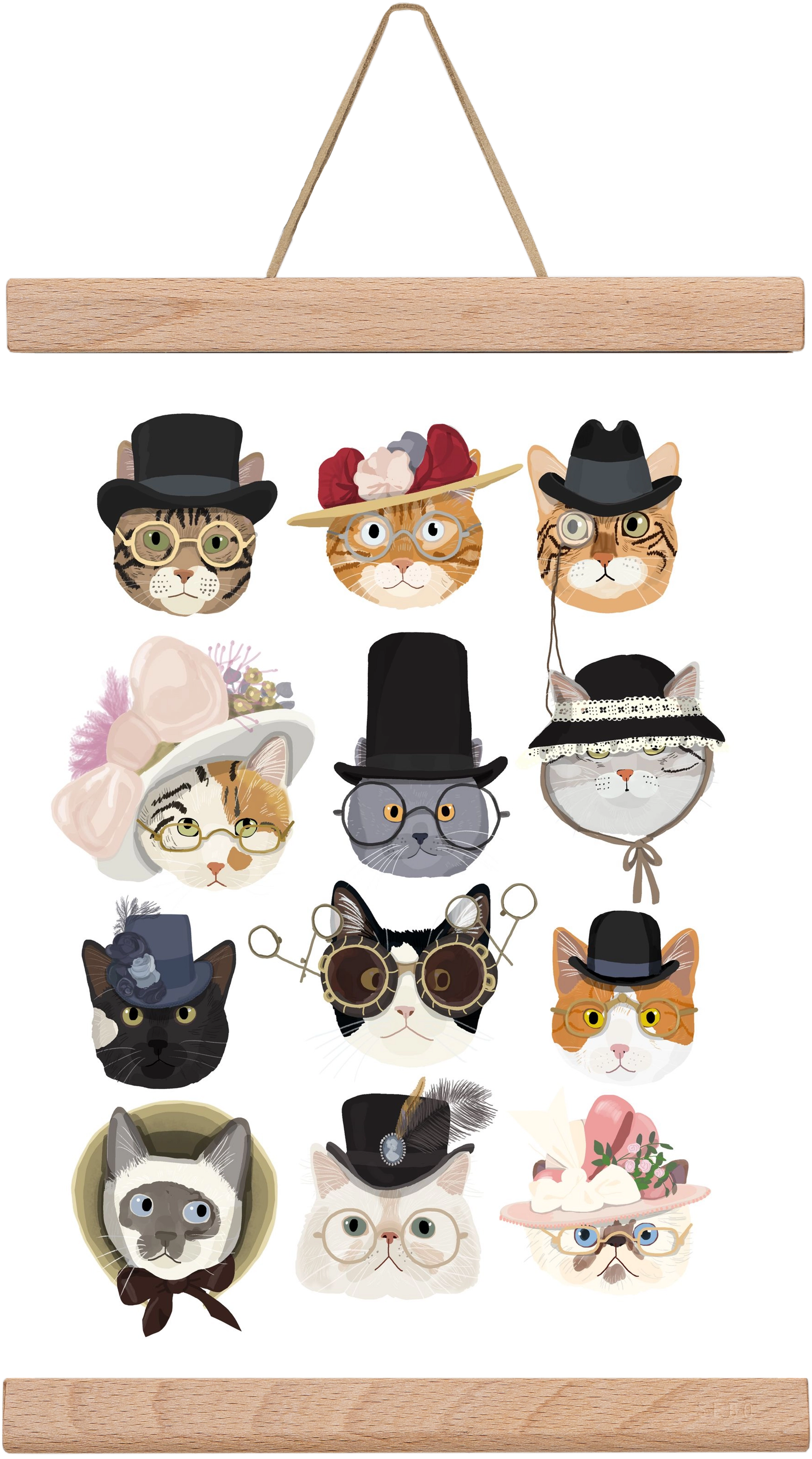 Cats in glasses 1900's, 20x30 cm (20x30 cm), Tölgy akasztó