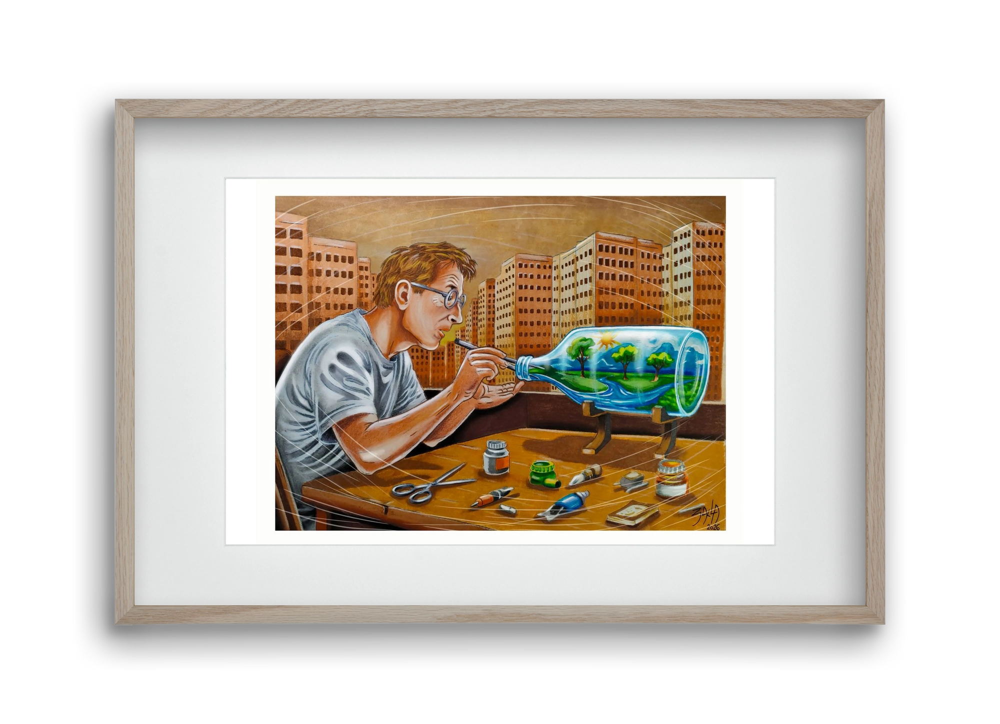palackba zárva, 45x30 cm (30x20 cm), Tölgy keret, paszpartuval