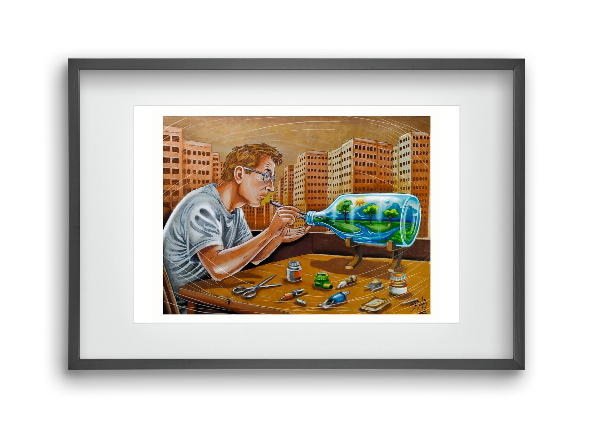 palackba zárva, 45x30 cm (30x20 cm), Fekete keret, paszpartuval